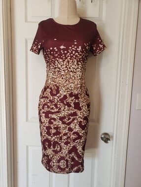 Maroon Floral & Leopard Print Sheath Dress Size Medium